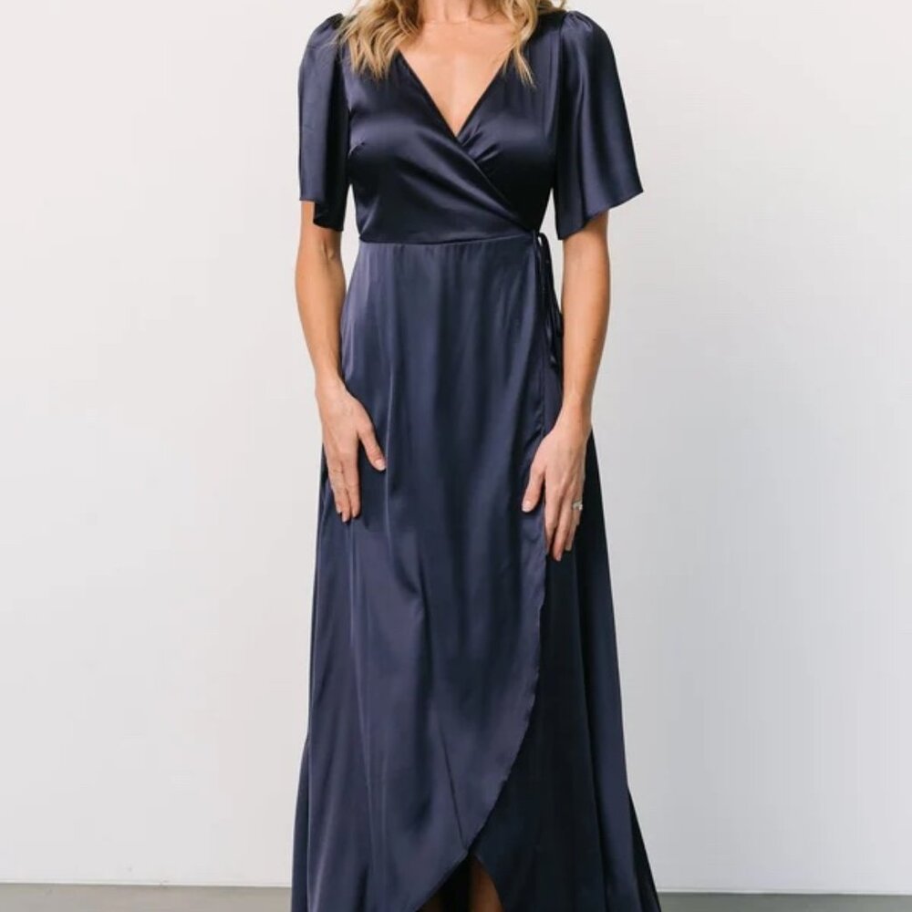 Baltic Born Navy Satin Wrap Maxi Dress with Short Sleeves